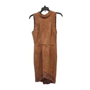 Soieblu Suede Feel Mock Neck Laser Cut Dress Brown Size Medium